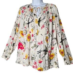 Old Navy Floral Bird‎ Print Long Sleeve Tunic Top Womens M Boho Nature Garden